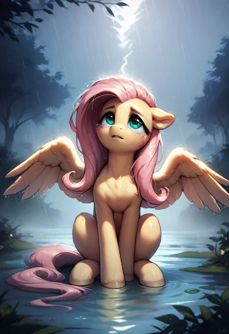 core_9, score_8_up, score_7_up, score_5_up, source_anime, Fluttershy, pony, sitting in a sorrowful pose, (heavy rain falling), tears on her soaked face, looking up at the stormy night sky with a melancholic expression, drenched mane and tail, wings gently folded, soft moonlight illuminating her figure, ultra-detailed textures, cinematic lighting, high-resolution, sharp focus on her face, realistic wet fur and skin textures, glowing raindrops, nighttime setting