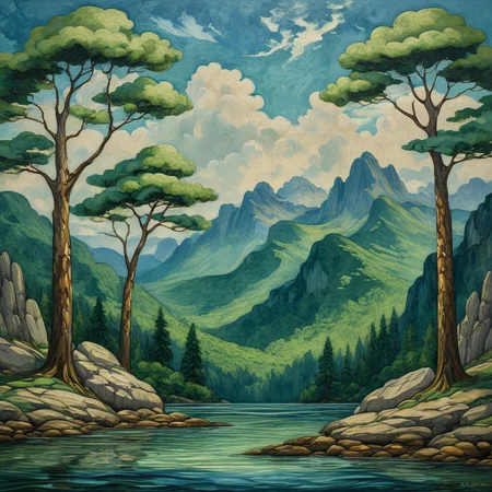 <lora:ArtNoveauMJ7SDXL:1> ArsMJStyle, Art Nouveau,, The image shows a painting of a landscape with trees mountains water rocks and a sky with clouds. The trees are lush and green and the mountains are majestic and imposing. The sky is a deep blue with white clouds scattered throughout. The water is a tranquil blue reflecting the sky and the trees. The rocks are jagged and rocky adding texture and depth to the painting., no humans, tree, scenery, cloud, sky, mountain, outdoors, nature, day, water