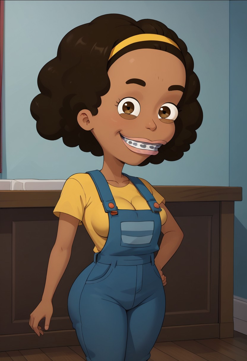 ((bedroom background)),score_9, score_8_up, score_7_up,score_6_up, 
1girl, Solo, Missy_BM, medium-brown skin, light brown eyes, brown eyebrows, Voluminous curly hair, brown hair, dental braces, yellow headband, navy blue overalls, yellow shirt, brown sandals, big eyes, cute, social smile, narrow waist, huge hips, huge thighs, huge ass, big eyes, perfect smile, cowboyshot, perfect eyes, medium stature, huge breasts