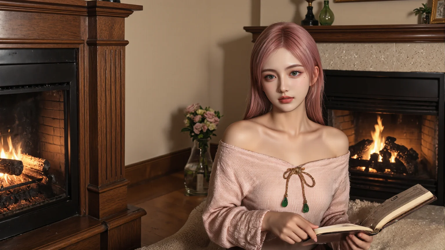 a young woman with long pastel pink hair,wearing an off-shoulder knitted sweater,sits gracefully in a classical Victorian living room with dual fireplaces lit behind her. The room features blush pink walls,golden-framed landscape paintings,and a vase of soft pink roses on a wooden table. Warm firelight casts soft shadows on her face,cozy and elegant ambiance,cinematic lighting,vivid style.,<lora:yuukananri-base-02-flux:0.8>,yuukananri,she has a slender physique and a petite build,<lora:aidmaMJ6.1_v0.5_3:0.5>,aidmaMJ6.1,