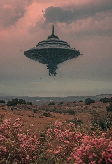 alien spaceship, landscape novuschroma46 <lora:CBS_novuschroma46 style_b3:1>