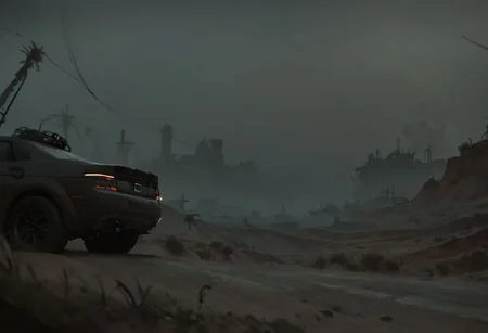 score_9, score_8_up,score_7_up, score_6_up, score_5_up, score_4_up,
no humans, outdoors, desert, desert road, car parked on side of road, person leaning on car, distant view of city skyline, blimp in distance, midday, daytime lighting,
BREAK, aesthetic, wallpaper, high quality, upper body, bright colors, high contrast, dark background, vivid lighting,