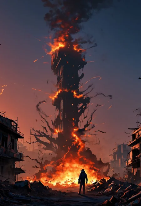 Masterpiece, 4k, ultra high detail,
Dark sky, burning sky, nighttime, night, burning skyscrapers, destoyed skyline,
Apocalyptic scene, burning skyscrapers, burning city, destroyed cars, Collapsing buildings,
End of the World,
negative_hand, NightScapes,