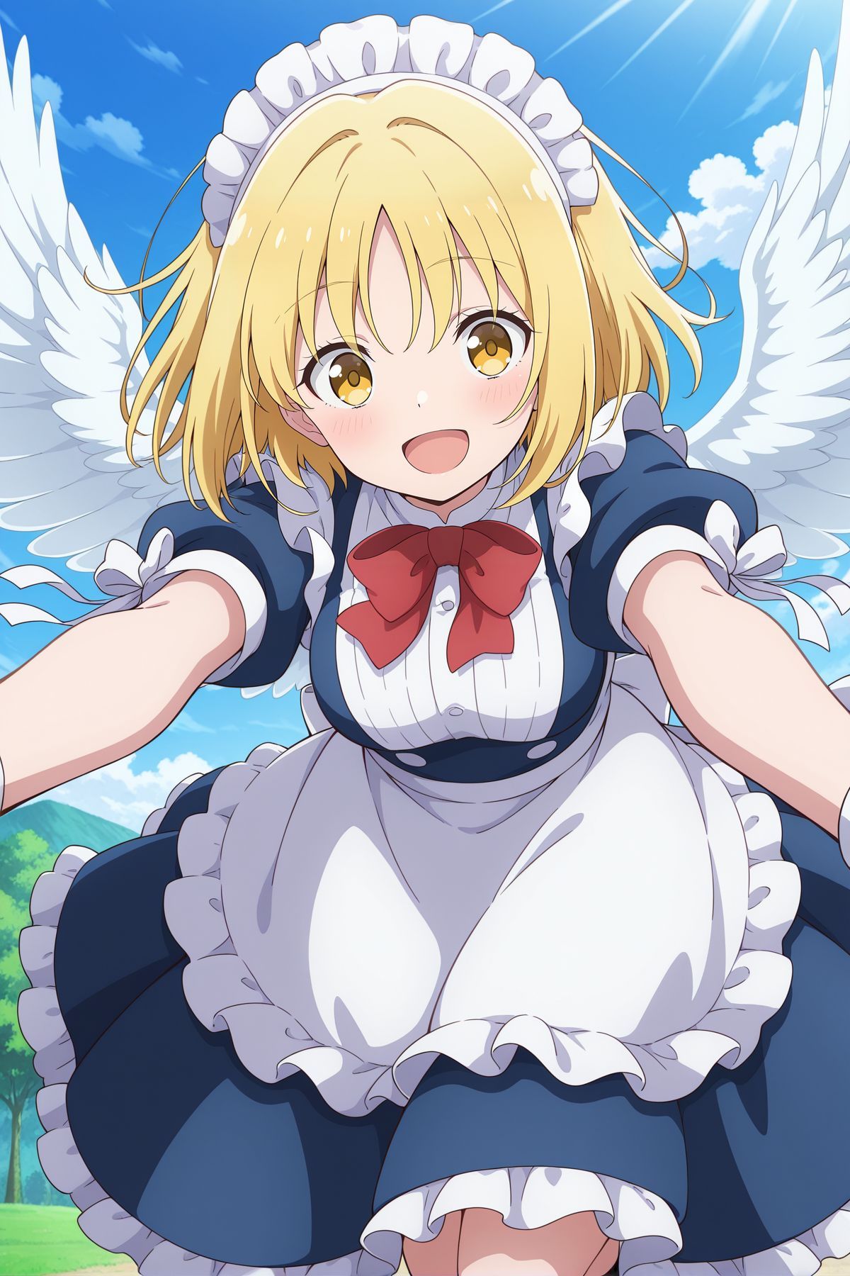 absurdres, highres, masterpiece, best quality, amazing quality, official anime artwork, screencap, anime screencap, outdoors, looking at viewer, dynamic pose, midair, flying,
 <lora:Gengetsu_Illustrious:1> gengetsu, yellow eyes, blonde hair, short hair, angel wings,, maid headress, red bowtie, blue dress, puffy short sleeves, sleeve ribbon, white ribbon, frilled apron, waist apron, white apron, maid,