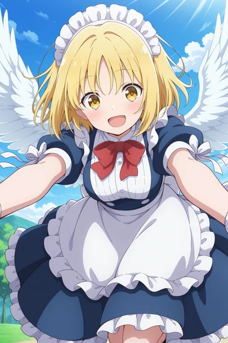 absurdres, highres, masterpiece, best quality, amazing quality, official anime artwork, screencap, anime screencap, outdoors, looking at viewer, dynamic pose, midair, flying,
<lora:Gengetsu_Illustrious:1> gengetsu, yellow eyes, blonde hair, short hair, angel wings,, maid headress, red bowtie, blue dress, puffy short sleeves, sleeve ribbon, white ribbon, frilled apron, waist apron, white apron, maid,