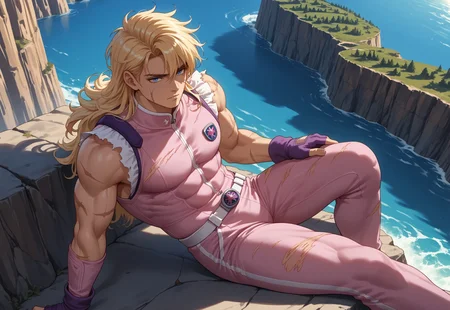 score_9, score_8_up, score_7_up, masterpiece, cephalbiorepdxl, 1boy, male focus, toned male, blue eyes, wavy long hair, blonde hair, purple fingerless gloves, sleeveless pink bodysuit, torn sleeves, scars, (highly detailed:1.2), (intricate:1.2), (best quality:1.2),(8k:1.2), (sharp:1.2), (majestic:1.2), natural lighting, detail++, mediterranean backdrop, sat down, sitting, cliffs, from above