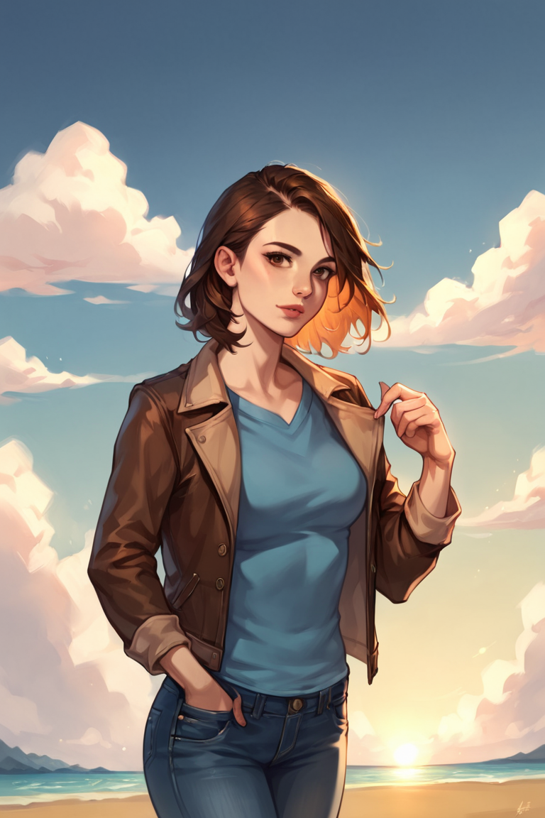 score_9, score_8_up, score_7_up, score_6_up, score_5_up, score_4_up, rating_safe, 1girl, solo, denim, brown hair, jacket, shirt, outdoors, pants, looking at viewer, jeans, lips, realistic, cloud, jewelry, blue shirt, medium hair, long sleeves, cloudy sky, brown eyes, sky, open clothes <lora:Anime Style LoRA XL:1>