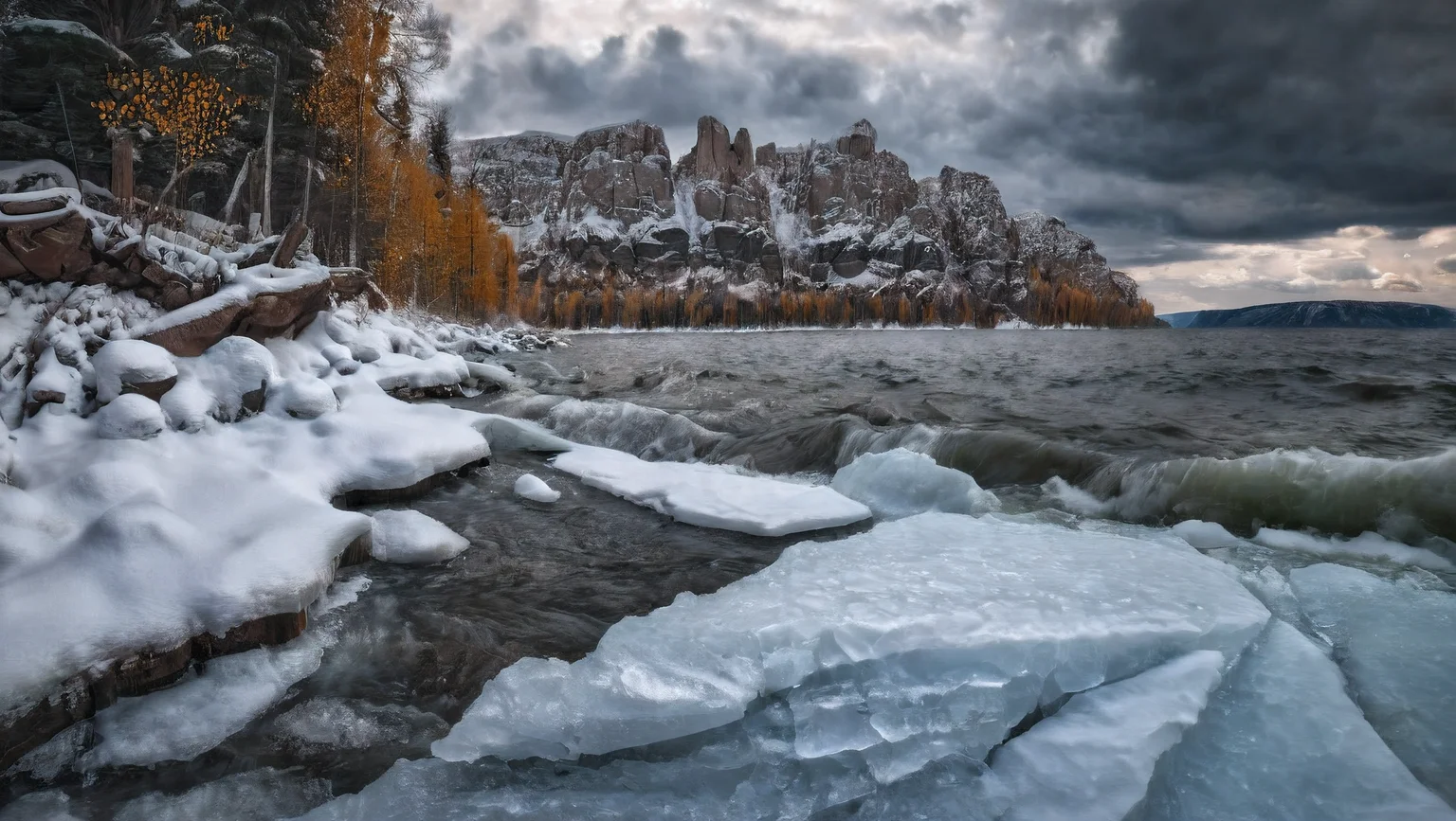 CINEMATIC SHOT, professional photo by Caravaggio of wild nature, Russia, winter, snow, woods, cliffs, dramatic clouds, rule of thirds, view from surface, (by Christopher Nolan:1.4),F11,(DOF, Cinematic Color grading, intricate, hyper realistic, detailed, flickr, cinematic lighting) <lora:Wild_nature_XL:1>