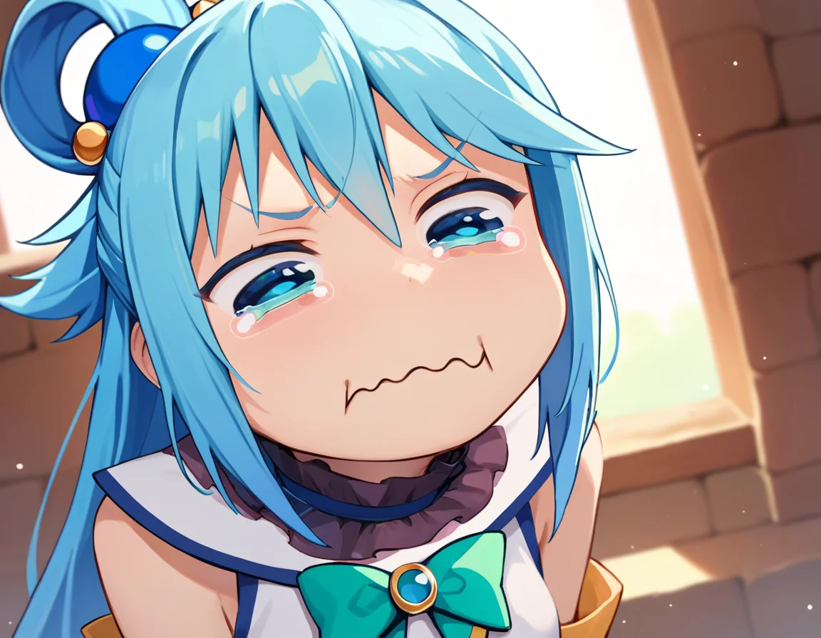 score_9, score_8_up, score_7_up, source_anime, solo, 1girl, aqua \(konosuba\), kono subarashii sekai ni shukufuku wo!, aquacrying, wavy mouth, closed mouth, tearing up, blue hair, hair rings, blue eyes <lora:concept_aquacrying_ponyXL:1>