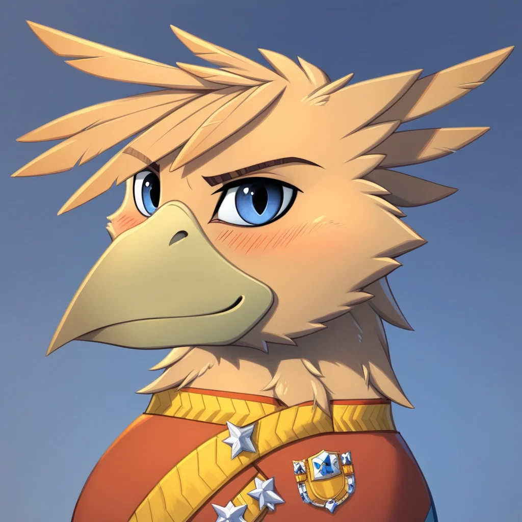 masterpiece, score_9_up, score_8_up, score_7_up, score_6_up, (best quality:1.1), ultra-detailed, high resolution, solo, Grover VI, Kaiser, griffon, feral, avian, beak, male, eyebrows, blue eyes, feathers, feathery ears, blush, sly smirk, looking at viewer, without clothes, detailed facial features, portrait, upper body, expressiveh, simple background, highly visible, sharp focus, anatomically correct