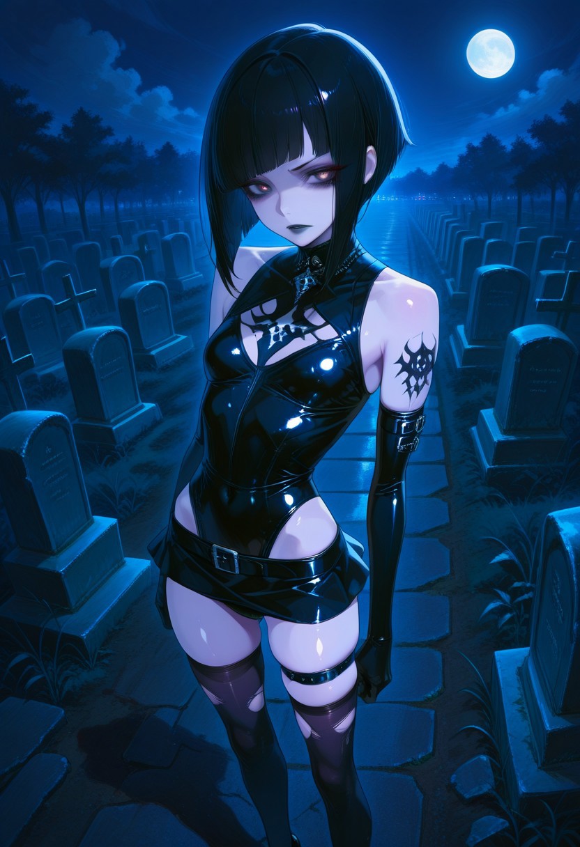 absurdres, masterpiece, best quality, very aesthetic, HDR, 8K, ultra-detailed, anime, 748cmstyle, cemetery, outdoor, night, moon, from above,
1girl, SadisTrix, solo, inverted bob hair, black hair, pale skin, skinny, arm tattoo, makeup, black lips, small breasts, gothic, latex legwear, torn thighhighs, shiny clothes, elbow gloves, latex, tight bra, mini skirt, leotard, high heels, thigh strap, skindentation, shiny skin, dominant female, ((skinny)),),