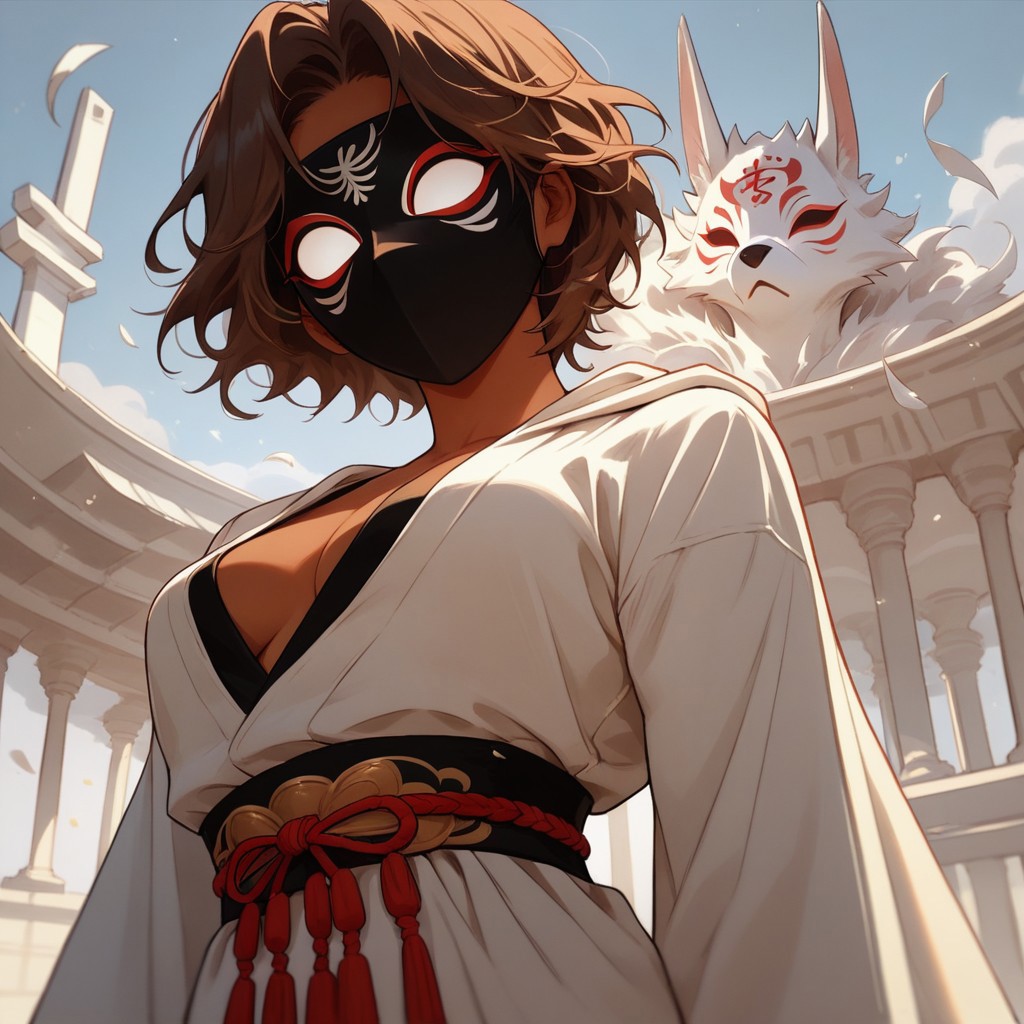 Score_9, Score_8_up, Score_7_up, (masterpiece), best quality, masked, with a white fox mask, with a full face volto mask, white fox mask, without eyes, perfect face, perfect anatomy, anime girl, slim, medium breasts, hourglass shape, brown hair, short hair , dark skin and freckles, beautiful and trained bodysuit, white low banga shirt, with loose pants, hippie aura, cleavage, romantic perspective, beautiful perspective, coliseum background, surprised,hooded