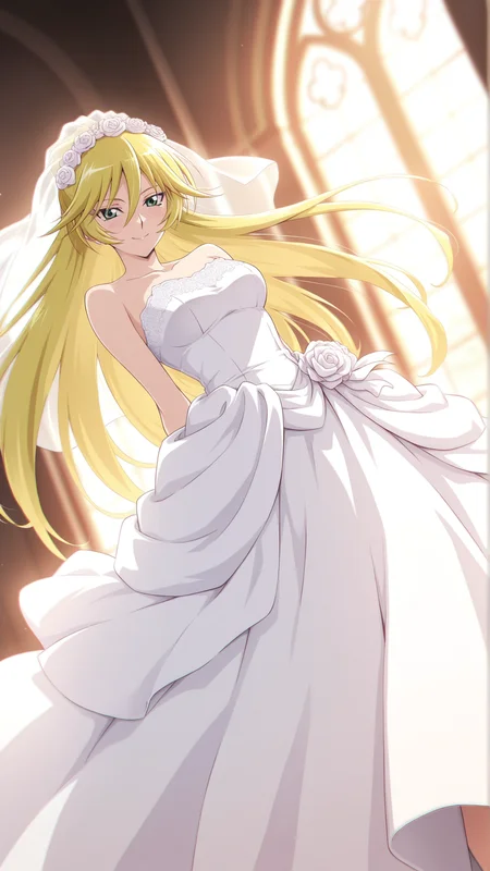 source_anime, general, best quality, masterpiece, 1girl, <lora:sherry_leblanc_ill_v1.1:1>sherry_leblanc\(yu-gi-oh!\),green eyes,blonde hair, hair between eyes, long hair,wedding dress,chapel, smile, (embarrassed:0.7), dynamic pose, dutch angle,