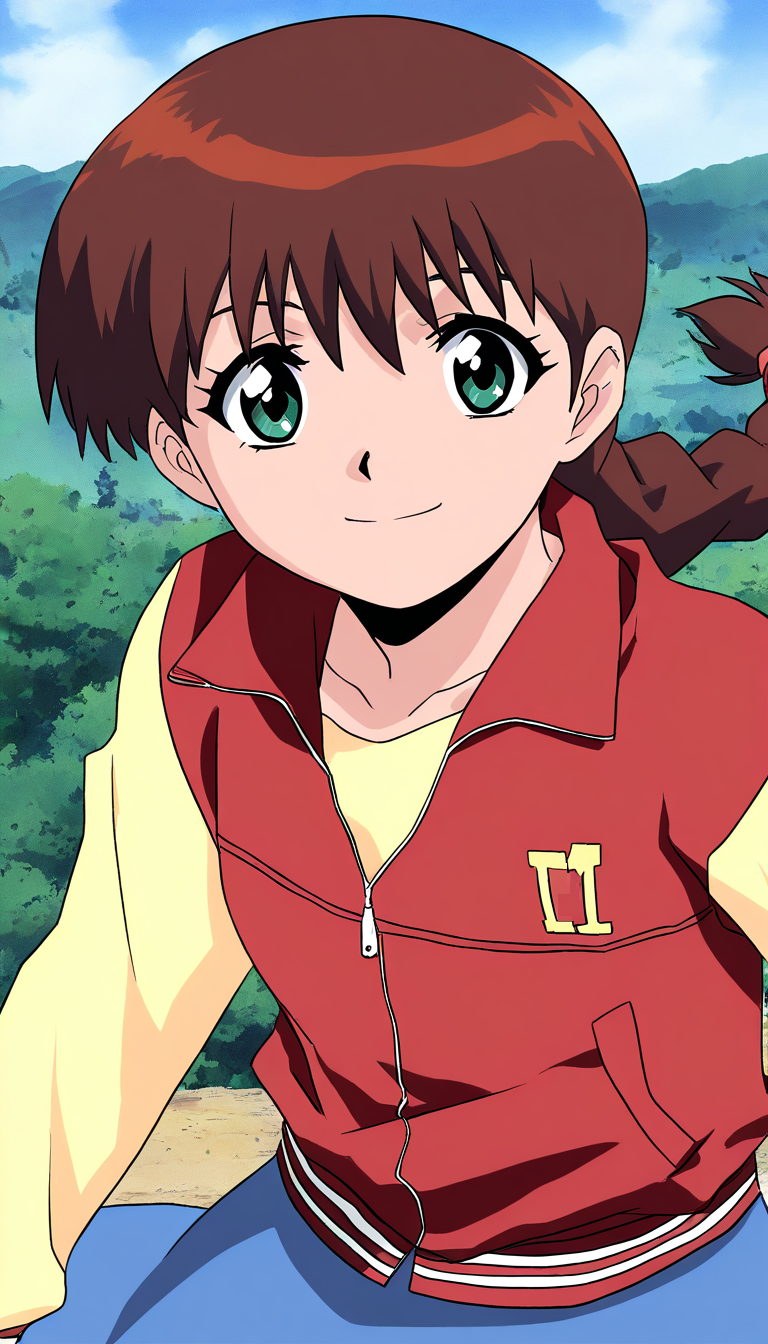 masterpiece, best quality, good quality, <lora:Miyanoshita_Satsuki_IS:1>
Miyanoshita_Satsuki, 1girl, solo, brown hair, green eyes, single braid, long hair, bangs, 11 mark,
blue skirt,red jacket,Yellow long sleeves,
 anime coloring, outdoor, day, sky,
smile,looking at viewer, cowboy_Shot,