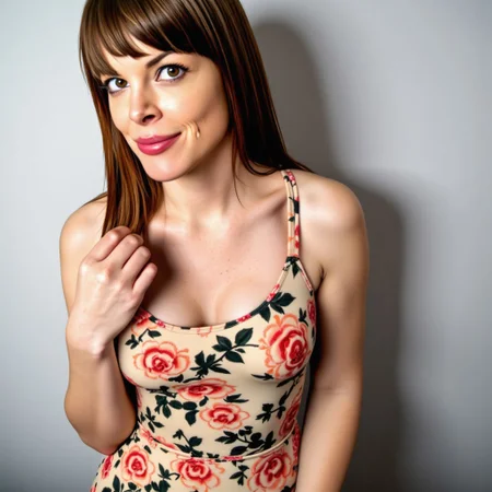 Woman wearing short, sexy floral dress, looking straight at viewer with vibrant brown eyes. Detailed photo. Detailed skin texture. Detailed hair. Detailed facial features. Detailed dress. This photo is a sexy poster. bmbpflx