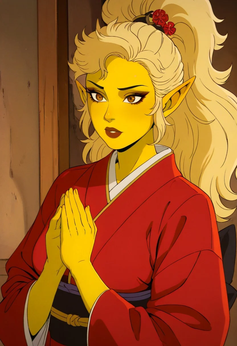masterpiece, best quality, newest, absurdres, highres,
X-1990STV1.0,
1girl, asian, asian female, elf, elf girl, pointy ears, long hair, yellow skin, blonde hair, golden colored skin, ponytail long ponytail, high taied ponytail, makeup, mascara, brown eyes, golden eyes,
kimono, red kimono, japanese clothes, hair ornament,