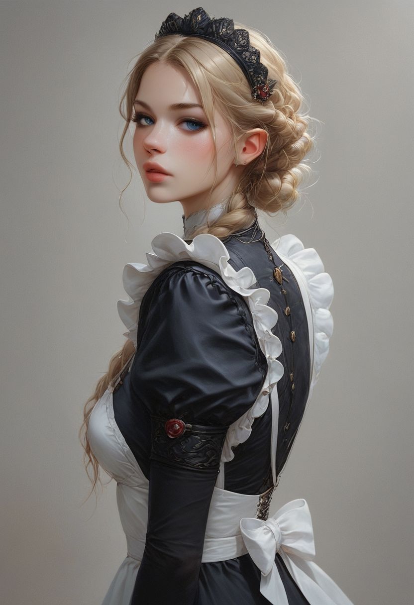 score_9, score_8_up, score_7_up, score_6_up, score_9, score_8_up,body shot, 3/4 front shot,
1girl*, Russian womman,(((20yo))),pretty neutral face, standing in victorian maid cloth, panntyhose, black pantyhose, curly mid length hair, (boobs:1.5),white panty, hand in back, look away from viewer
(Red wet tiny lips),elegant
