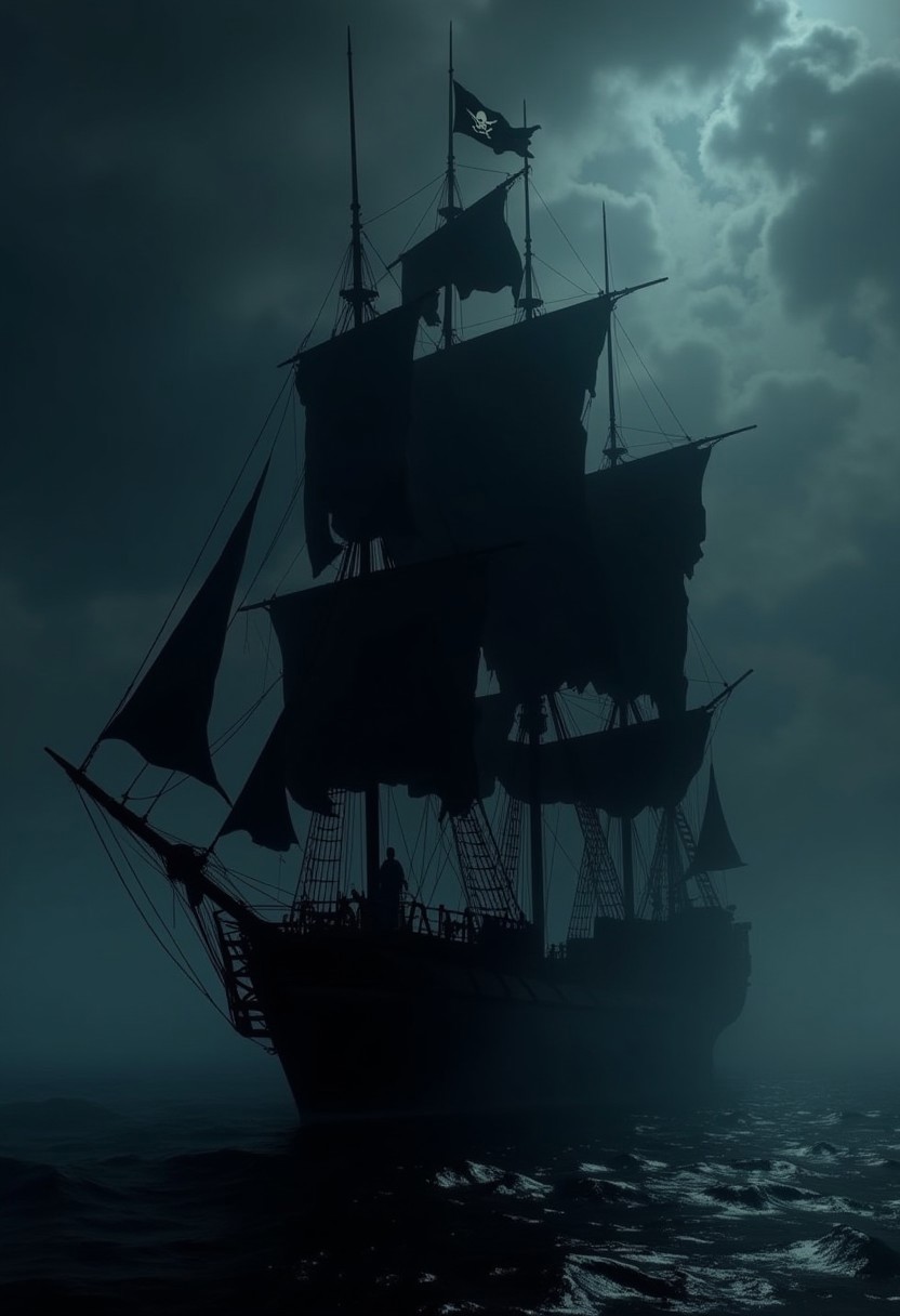 silhouette art, masterpiece, a pirate ghost ship, tattered rigging, tattered black sails, jolly roger flag, materialises from the mist in the darkness, HD32K, wallpaper, hyperdetailed