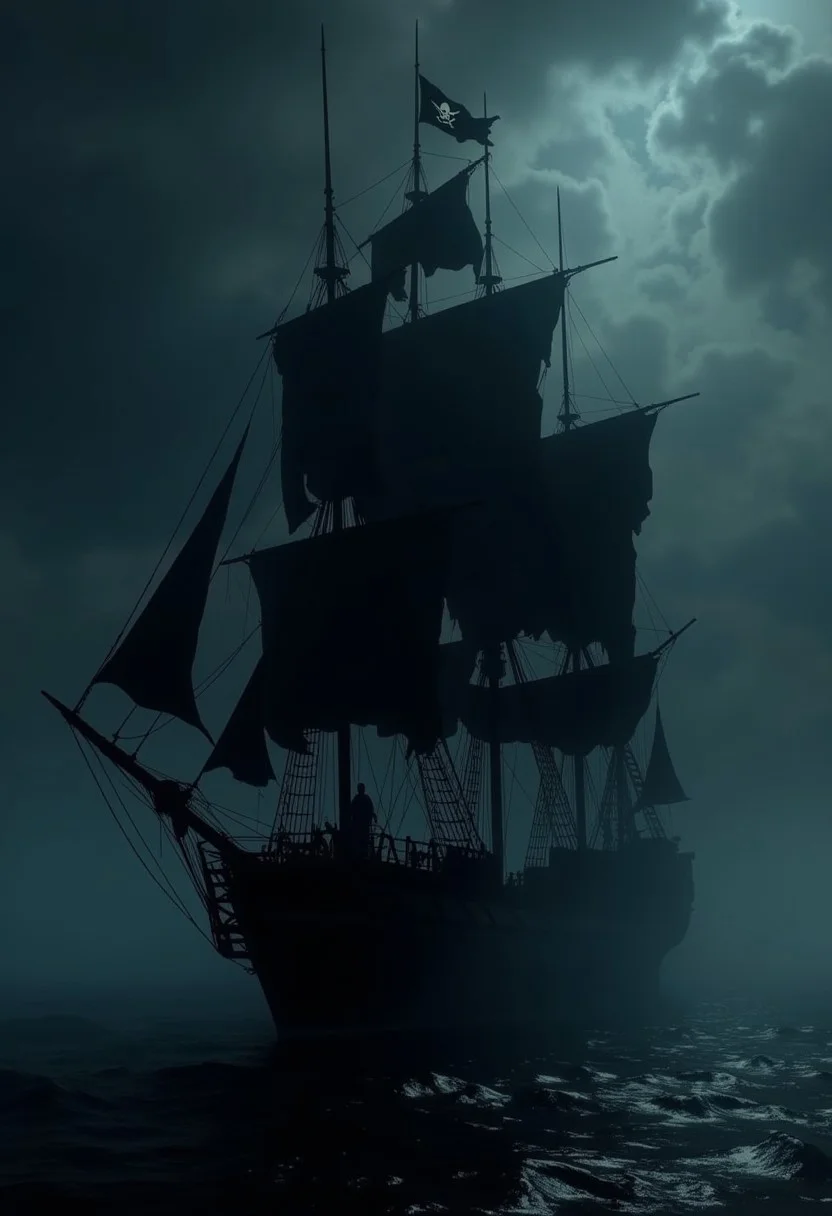 silhouette art, masterpiece, a pirate ghost ship, tattered rigging, tattered black sails, jolly roger flag, materialises from the mist in the darkness, HD32K, wallpaper, hyperdetailed