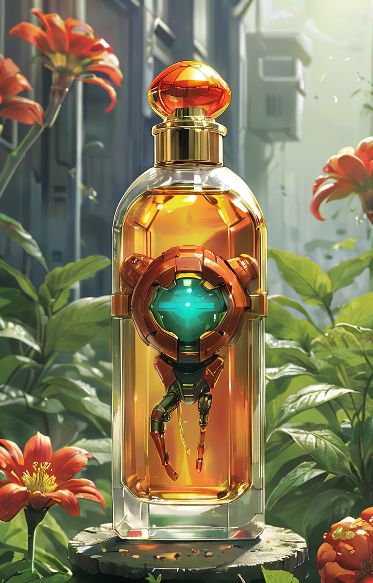 masterpiece,high quality,style of Metroid,<lora:tbh387-sdxl:0.75>, A bottle of perfume in garden