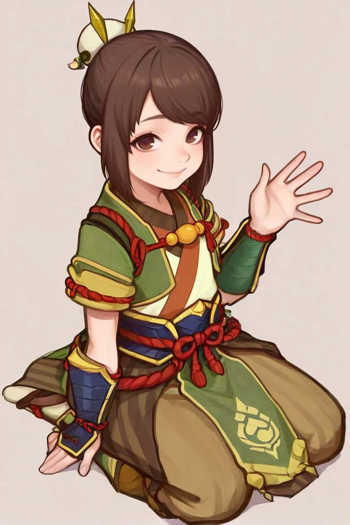 (thick outline, dark outline, thick lineart), 2d art, masterpiece, best quality, vibrant colors, color contrast, (young girl, short girl), detailed, cute, eyelashes, epicanthic folds, aegyo sal,
<lora:Yomogi_Illustrious:1>, yomogi_(monster_hunter), brown hair, brown eyes, hair ornament, japanese clothes, bangs, short hair, hair bun, single hair bun, pelvic curtain, brown pants, striped skirt, armguards, full body, seiza, looking at viewer, waving, smile, three quarter view, 
<lora:Tsuvida_Style_LoRA_Illustrious:0.4>, <lora:IL_S_Asura-Captain:0.5>, <lora:kairunoburogu_Ill:0.6>