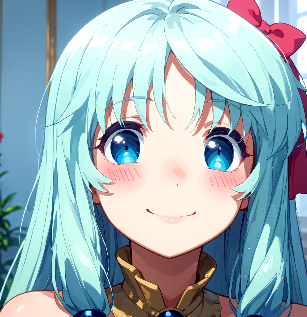 masterpiece,best quality,perfect anatomy,very aesthetic,absurdres,<lora:Hoseki_Arifureta_SheaHaulia_PDXL_v1:1>,shea haulia,very long hair,hair bow,face,blush,kind_smile,