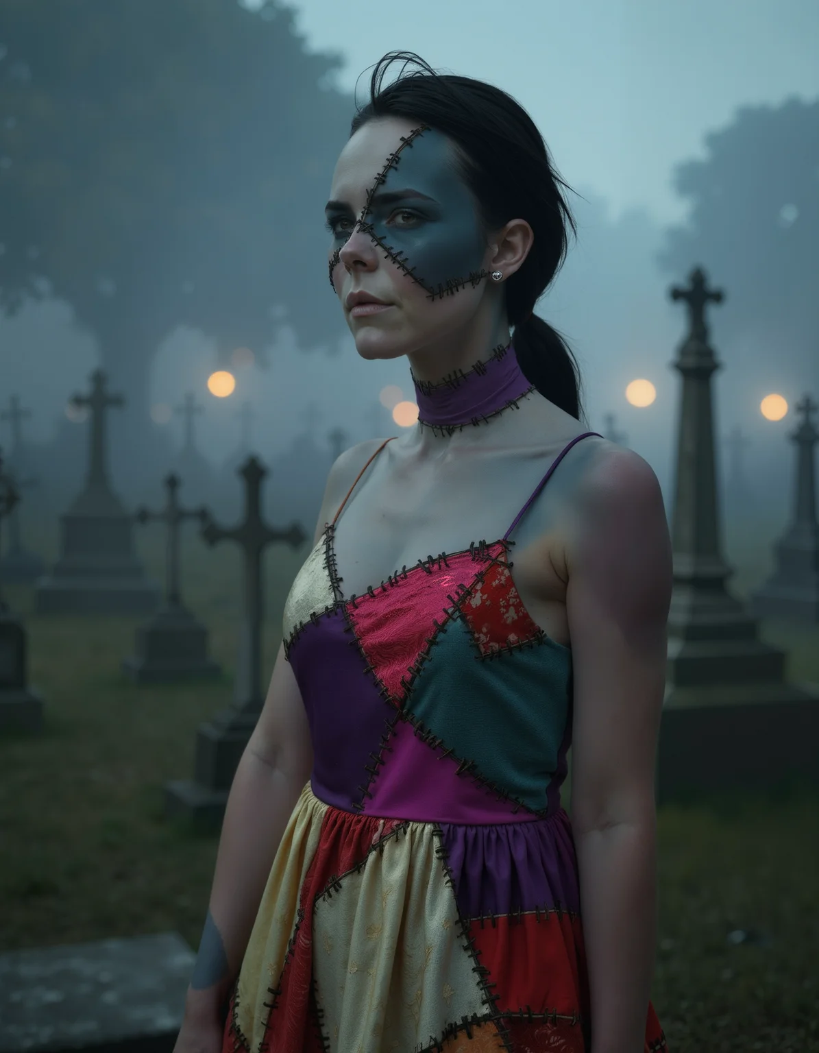 upper body photo of an undead woman wearing a sundress. Her body is covered in patchwork_skin of various colors stitched on with large black thread. The background is a graveyard with thick fog. It's night time. bokah. Creepy., best quality, 4k, 8k, high resolution, cinematic, vibrant, intricate, Hyperrealistic, high detail, <lora:XLabs Flux Realism LoRA\flux_realism_lora.safetensors:0.8>, <lora:FLUX_Patchwork_Skin_Merge2_Shurik:1>