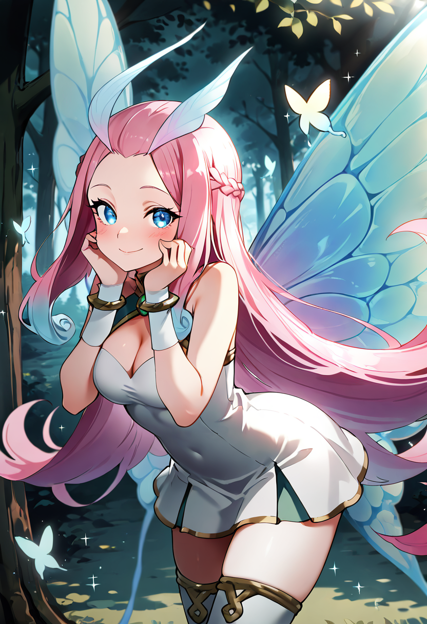masterpiece, best quality, 1girl, solo, eyelashes, (beautiful eyes),   zzTasi, blue eyes, long hair, multicolored hair, pink hair,   looking at viewer, blush, smile, thighhighs, dress, cleavage, jewelry, medium breasts, very long hair, closed mouth, braid, ahoge, outdoors, wings, white dress, blurry, bracelet, white thighhighs, tree, sparkle, thigh boots, white footwear, bug, butterfly, nature, forehead, hand on own face, forest, hand on own cheek  ,<lora:TasiAFK_IXL:1.0>,