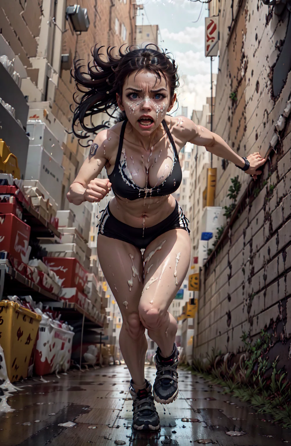 masterpiece, best quality, highly detailed , dangerous milk, 1girl, in danger, terrified expression, running fast, heart pounding, city streets, neon lights, dark night, shadows looming, urgent, chasing danger, fear in eyes, determination, ripping wind, fast-paced action, adrenaline rush, life-or-death situation, desperate escape, unseen threat, zigzagging through alleyways, survival instinct, breathless, frenetic energy, dimly lit surroundings <lora:dangerous milk_2023-07-09_205939:1> dangerous milk <lora:werewolf_v0.2:1>