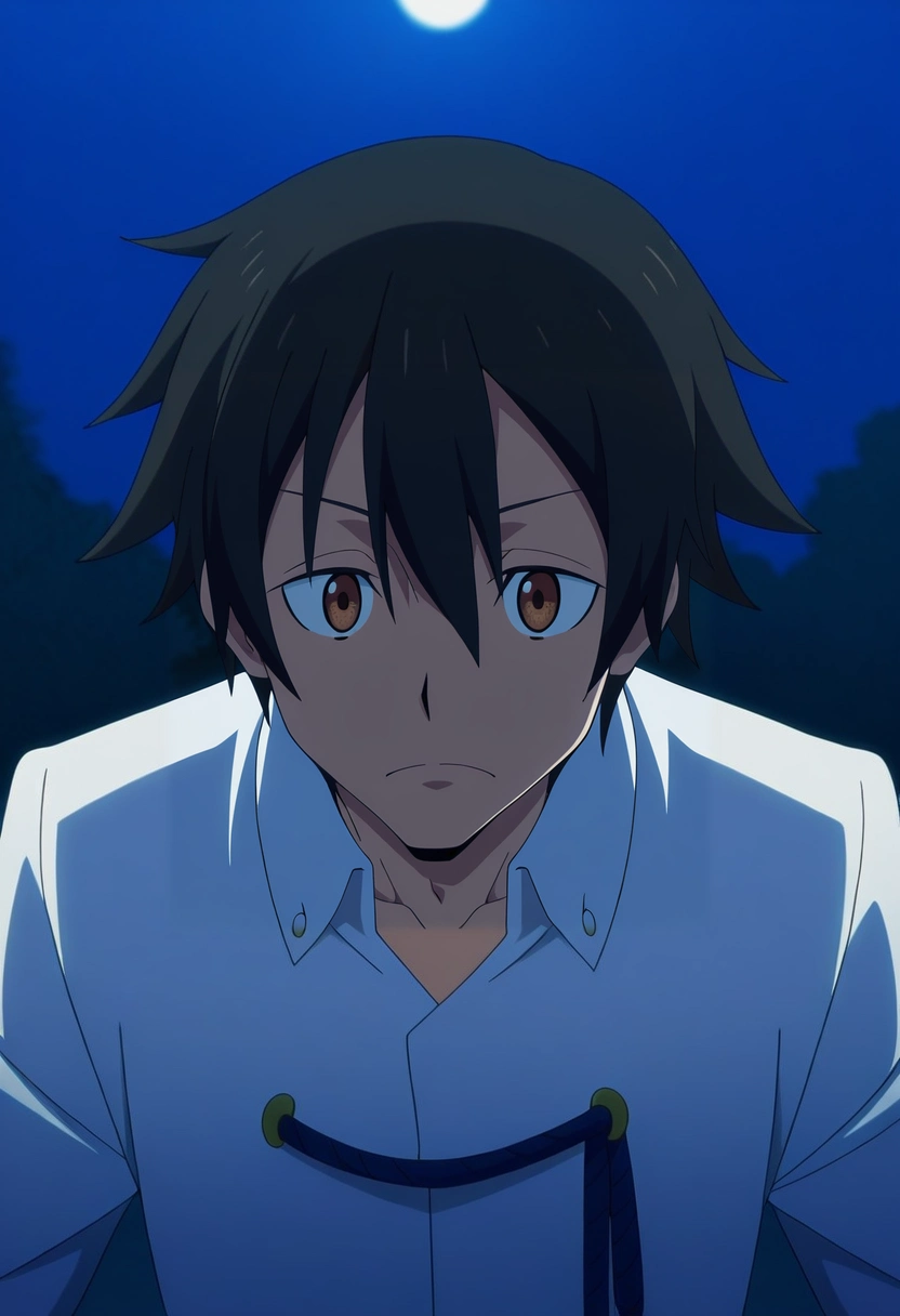 masterpiece, best quality, , anime screencap, , official style,, 1boy, solo, male focus, <lora:yuuki_kagurazaka_ilxl:0.9>, yuuki_kagurazaka, black hair, brown eyes, short hair, hair between eyes, , haunted garden, ghost flowers, mist paths, shadow pools, exploring pose, cautious expression, moonlight,