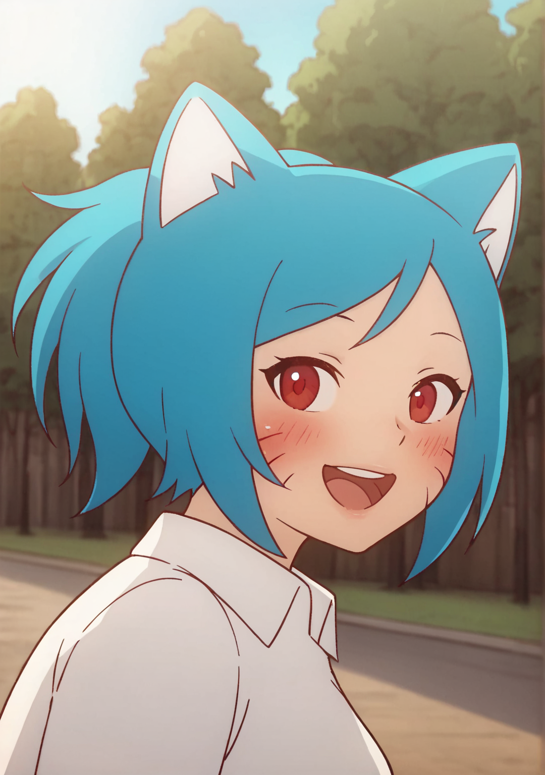 score_8_up, score_7_up, score_6_up, score_5_up, score_4_up, anime screenshot
<lora:Nicole Waterson (Autism SDXL)-000009:0.8> 1girl, manyakis, nicole watterson, animal ears, ponytail, blue hair, blush, red eyes, facial mark, white collared shirt, skirt,
upper body, standing, outside, park, tree, atmospheric perspective, drop shadow, from side, looking back, open mouth, smile, official wallpaper,