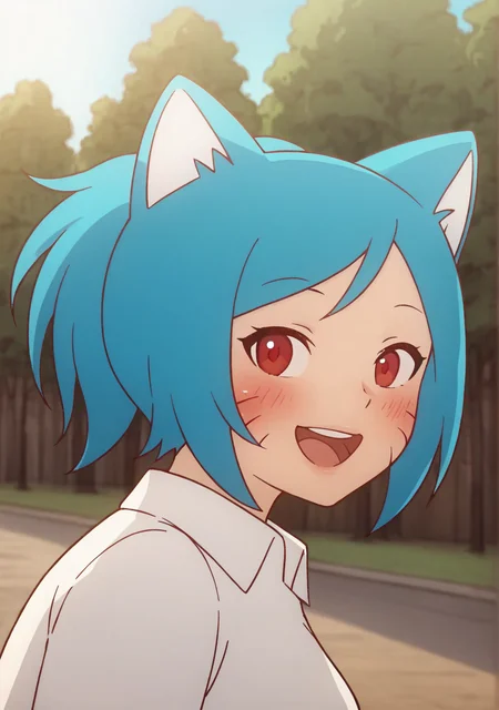 score_8_up, score_7_up, score_6_up, score_5_up, score_4_up, anime screenshot
<lora:Nicole Waterson (Autism SDXL)-000009:0.8> 1girl, manyakis, nicole watterson, animal ears, ponytail, blue hair, blush, red eyes, facial mark, white collared shirt, skirt,
upper body, standing, outside, park, tree, atmospheric perspective, drop shadow, from side, looking back, open mouth, smile, official wallpaper,