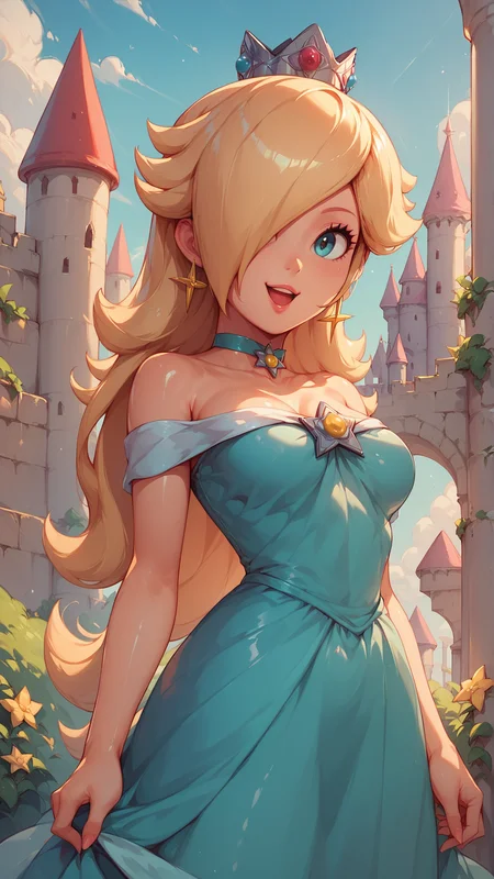score_7_up,score_8_up,score_9,1girl,solo,jewelry,earrings,long hair,breasts,very long hair,big hair,choker,dress,medium breasts,bare shoulders,:d,outdoors,smile,open mouth,<lora:Princess_Peach_Shiny_Style_V2:0.8>,shiny,shiny skin,rosalina,castle,