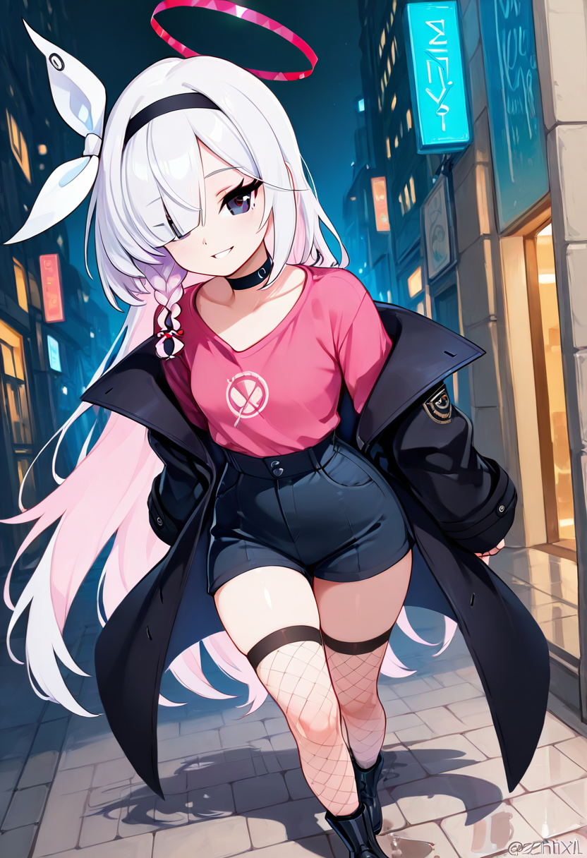 masterpiece, best quality, solo, curvy, beautiful eyes,  narrow waist, wide hips, zzPlana, grey eyes, white hair, bangs, braid, ribbon, halo, hair over one eye, black choker, bow hairband, hairband,  dynamic angle, foreshortening, close up, smile, looking at viewer,   ,       <lora:PlanaBlueArchiveIXL:1.0>, [Edgy Neon Night Out], Leather jacket, pink shirt, short shorts, fishnet stockings, combat boots, Walking confidently through neon-lit city streets, reflections shimmering on wet pavement under nightlife buzz.