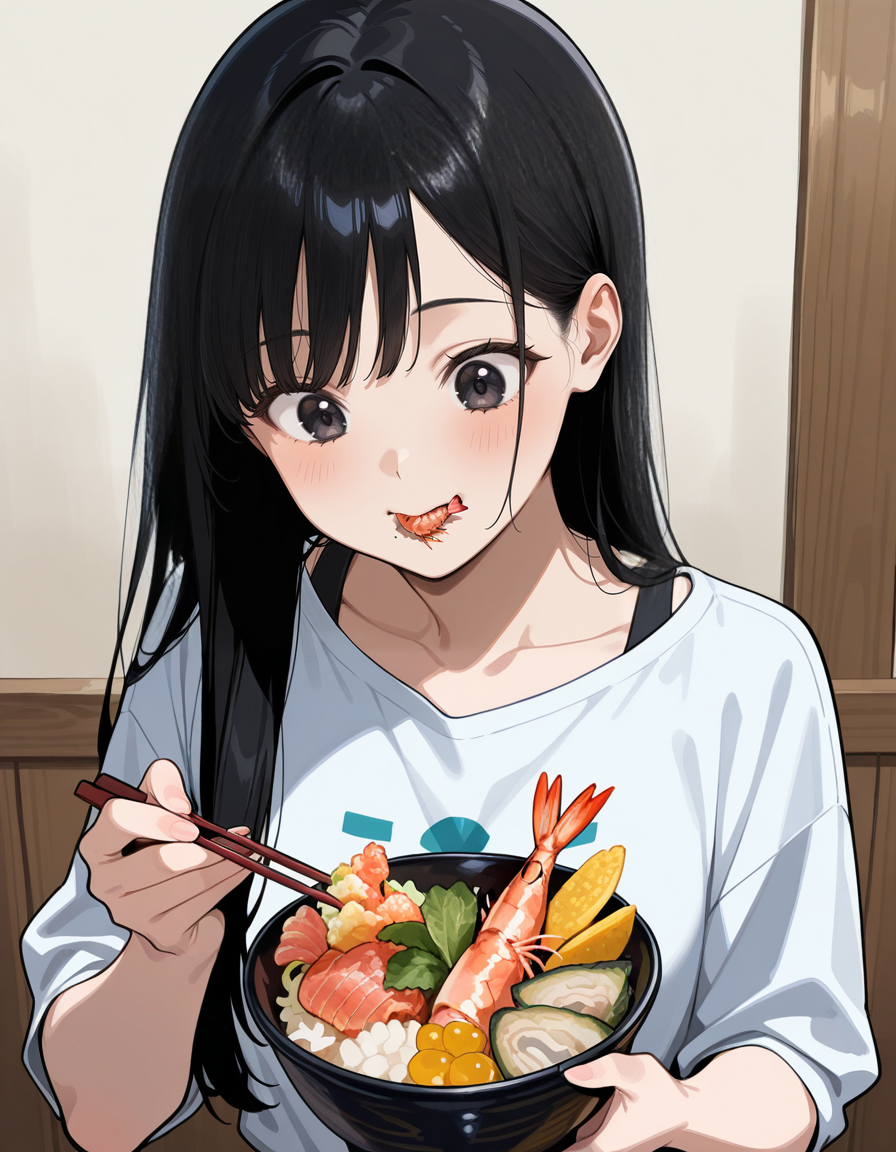 score_9, score_8_up, score_7_up, anime, solo, 1girl, one girl,
Black hair, (chest length hair:1.2), Straight Hair, bangs, one tucked behind ear, black eyes, feature large highlight, feature double highlights, shaped eyeblow,
sensitive,
<lora:donburimono:0.8>, donburimono,
food, chopsticks, bowl, fish, shrimp, kaisendon, seafood,
(masterpiece:1.3), best quality, high resolution, unity 8k wallpaper, (illustration:1.2), 8K,