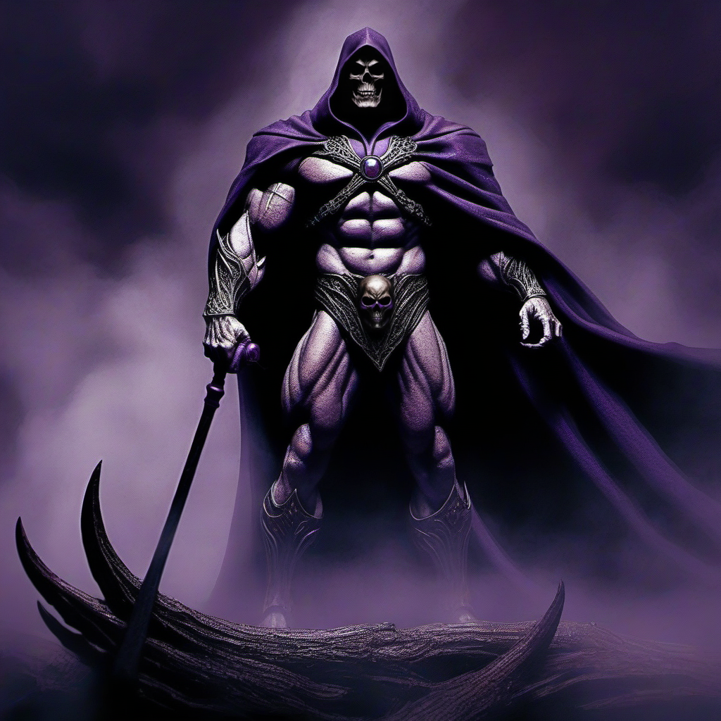 Horror-themed a muscular man, purple cape, cloak, holds a club <lora:Skeletor1024-000190:0.8> . Eerie, unsettling, dark, spooky, suspenseful, grim, highly detailed