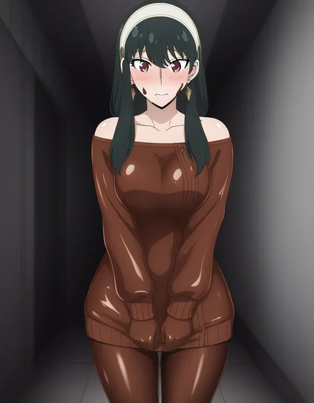 best quality, masterpiece, absurdres, detailed background, centered, centered, view, 1girl,
, chocolate_tf, chocolate_girl, chocolate clothes, (chocolate skin:1.2), <lora:chocolatetfv3:1>,(chocolate face:1.2), shiny clothes, chocolate sweater,
<lora:yor-briar-s1-illustriousxl-lora-nochekaiser:0.8>, yor briar, brown hair, earrings, white hairband, hairband, long hair, sidelocks, monochrome, greyscale, mature female, breasts, bare shoulders, collarbone, dress, long sleeves, off shoulder, off-shoulder dress, off-shoulder sweater, pantyhose, brown sweater, sweater dress, thighs, red eyes