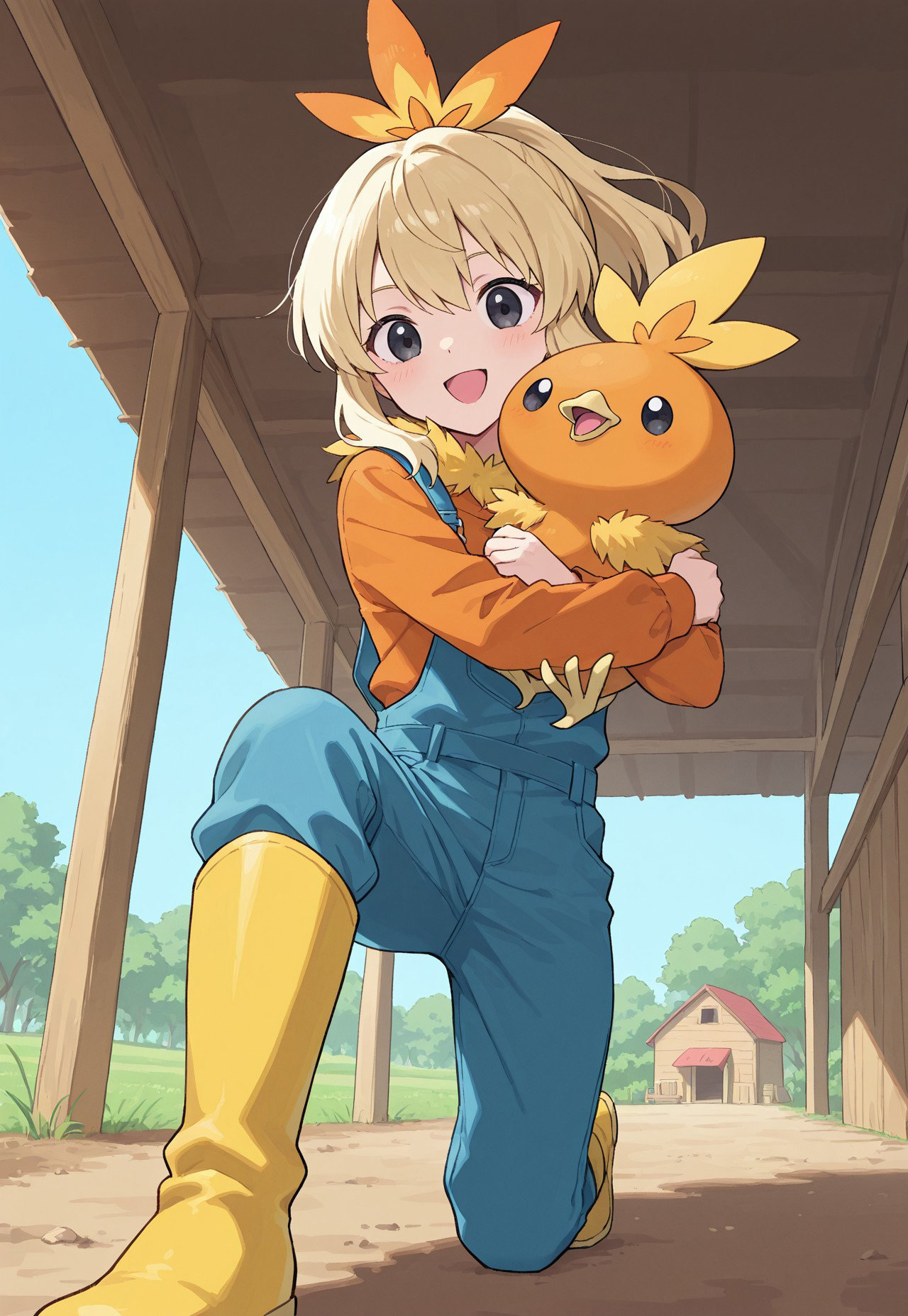 masterpiece, best quality, amazing quality, very aesthetic, absurdres, ((1boy with 1other:1,)) BREAK
(PKMN_Torchic, gijinka, human:1.6, 1boy, blonde hair, medium hair, ponytail, feather hair ornament, black eyes, blue overalls, orange shirt, yellow boots, holding pokemon). BREAK
(PKMN_Torchic, 1other, black eyes,orange feathers, yellow feather collar, yellow feather hair,)
happy, dynamic pose, perspective, outdoors, plants, blue sky, farm, chicken coop, 