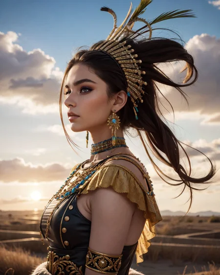 ([: natnobody :0.3]:0.9),  High-Fashion Native-Inspired Editorial, (style of Mario Testino) feathered headdress reimagined in metallics rich beadwork tribal patterns bold shoulder dress suede fringe accents turquoise jewelry arid desert plains sunset glow sharp cheekbones fierce expression side profile dynamic pose