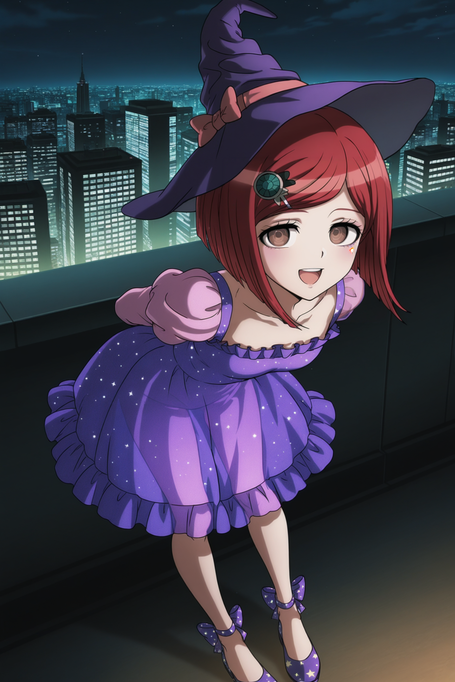 anime screencap, masterpiece, best quality, amazing quality, very aesthetic, absurdres,  newest, (scenery, volumetric lighting),
yumeno himiko, 10th anniversary, official style, 1girl, solo, looking at viewer, smile, short hair, open mouth, bangs, dappled moonlight, hair ornament, long sleeves, small hat, night, night sky, cityscape, star print, hat bow, brown eyes, standing, collarbone, full body, :d, red hair, shoes, print dress, blue footwear, print footwear, hairclip, shiny, arms behind back, leaning forward, shiny hair, arms up, purple headwear, witch hat, upper teeth only, purple dress, purple footwear, footwear bow, see-through skirt, frilled dress, puffy sleeves, pink sleeves, dress bow
 <lora:HimikoYumeno_IL:0.8>
