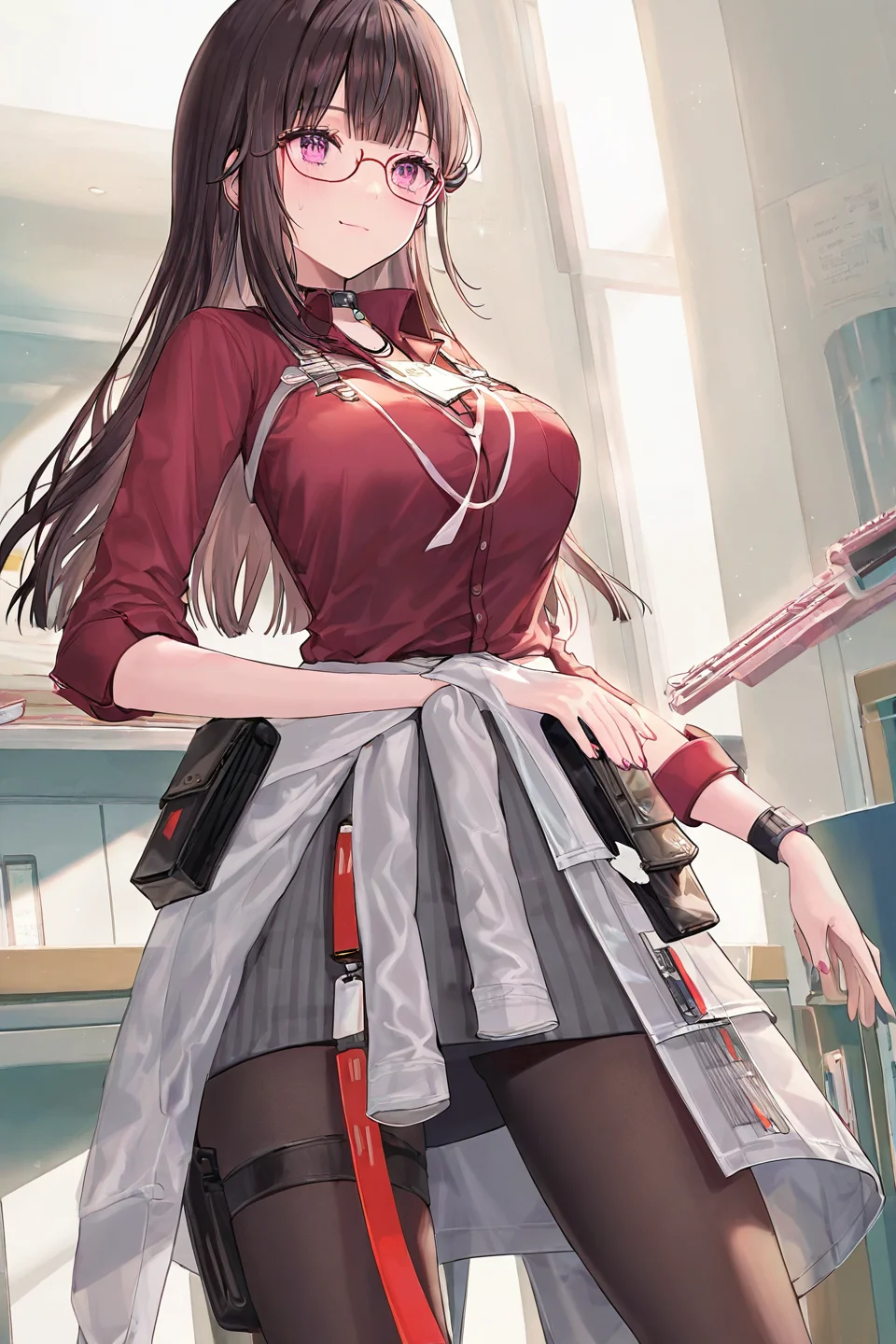 (masterpiece), best quality, amazing quality, very aesthetic, absurdres, newest, 1girl, solo, (cute face), 1girl solo with cute face, yao, yao work, standing indoor, breasts, glasses, clothes around waist, black pantyhose, (artist:tokkyu:0.5), (artist:momoko \(momopoco\):0.5), (artist:ask \(askzy\):0.5), (artist:yuyumu:0.4), (artist:dsmile:0.5), (artist:atdan:0.5) <lora:yao_IL-000009:0.8>