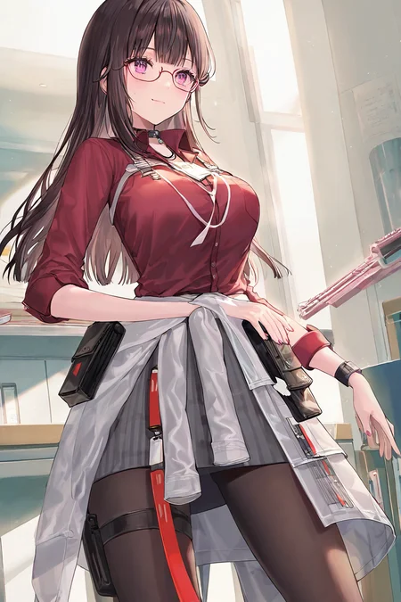 (masterpiece), best quality, amazing quality, very aesthetic, absurdres, newest, 1girl, solo, (cute face), 1girl solo with cute face, yao, yao work, standing indoor, breasts, glasses, clothes around waist, black pantyhose, (artist:tokkyu:0.5), (artist:momoko \(momopoco\):0.5), (artist:ask \(askzy\):0.5), (artist:yuyumu:0.4), (artist:dsmile:0.5), (artist:atdan:0.5) <lora:yao_IL-000009:0.8>