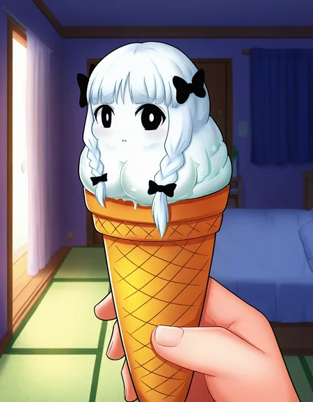 best quality, masterpiece, absurdres, detailed background, centered, centered, view, 1girl, i forest,inside, living room,
<lora:icecreamtf:1.2>, ice_cream_tf, popsicle, slime girl, food, ice cream cone, ice cream, objectification, bone white skin,
<lora:Francesca illu:0.8>, 1girl, ffrancesca, braid, hair bow, white hair, long hair, huge hand, 1boy, hand, black eyes,