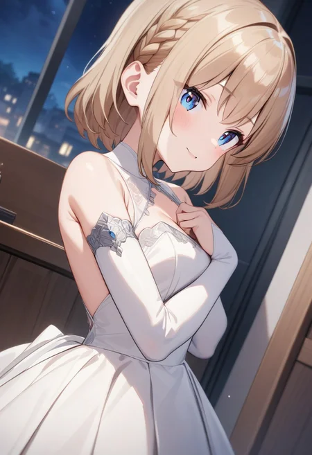 masterpiece,best quality,very aesthetic,absurdres,intricate details,1girl,<lora:shiina_v4_5:1>,shiina,<lora:Fixhands_anime_bdsqlsz_V1:1>,(night:1.2),full_shot,looking_at_viewer,medium_shot,cinematic_angle,light_blush,office,hand_on_own_chest,from_back,, masterpiece,best quality, very aesthetic, absurdres, ultra detailed, high resolution, 4k, extremely detailed CG,wedding dress,smiling,juliet sleeves