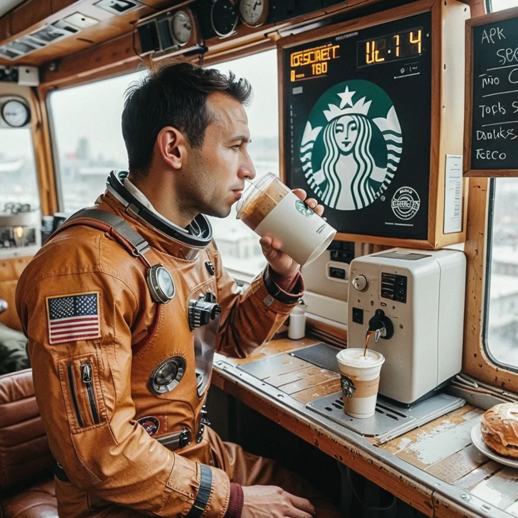 <lora:Old Space Station Artstyle - Trigger is OSS Artstyle:1> A man drinking coffee at Starbucks. oss artstyle.