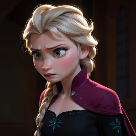 score_9, score_8_up, score_7_up, score_6_up, score_5_up, score_4_up, rating_questionable, Elsa, braid, pale skin, determined look, freckles, small breasts, petite