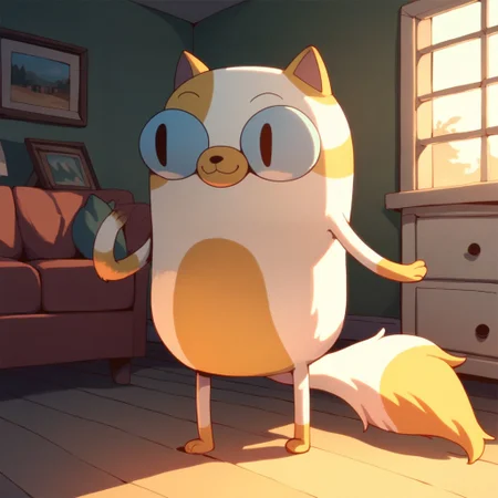 score_9, score_8_up, score_7_up, score_6_up, source_cartoon, cakecatfn2, anthro, furry female, solo, cat, white fur, yellow spots, blue sclera, slit pupils, bushy tail, standing, smile, indoors, living room