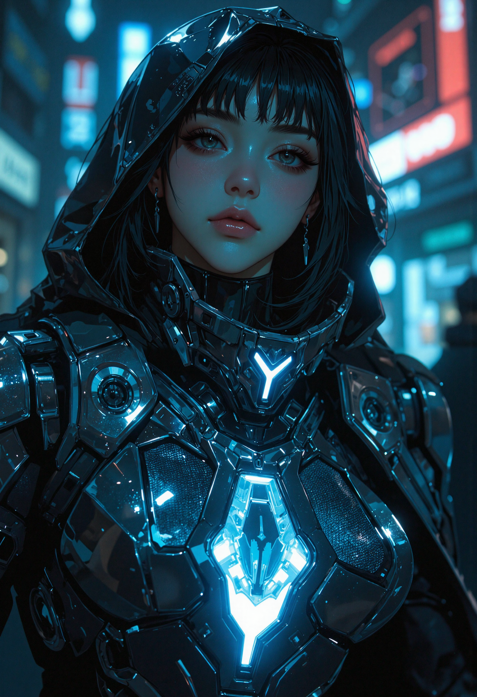 masterpiece, high-quality, hyperdetailed, refined details, best quality, high resolution, A figure partially obscured by a sleek, bioluminescent exosuit, only the bare neck and collarbone are visible, framed by the suits glowing contours, the suit emits a soft, pulsating light that highlights the exposed skin, background is blurred and suggests a high-tech urban environment, medium shot focusing on the exposed skin and the exosuits luminescence, Style is Cybernetic Exosuit Suggestion, focus on bioluminescent light and skin contrast, technologically sensual, sense of hidden form and futuristic allure, <lora:FLUX\Anime v1.3:0.5> <lora:FLUX\MoriiMee_Gothic_Niji_Style_FLUX:0.8> <lora:FLUX\sxz-Valorant-v3-Flux:0.4> <lora:FLUX\Midjourney_-_SemiReal_Dreams_FLUX_LoRA:0.5>