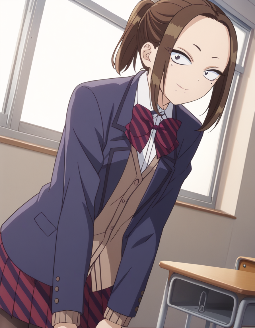 score_9, score_8_up, score_7_up, source_anime,
neneonemine, <lora:nene-onemine-s1s2-ponyxl-lora-nochekaiser:1>,
nene onemine, brown hair, ponytail, mole, mole under eye, mole under mouth, short hair,
skirt, shirt, long sleeves, bow, school uniform, jacket, white shirt, pantyhose, pleated skirt, striped, collared shirt, bowtie, red skirt, blazer, blue jacket, striped bow, striped bowtie,
indoors, classroom, bent over, smile,
looking at viewer, cowboy shot, dutch angle, solo,