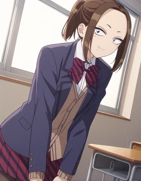 score_9, score_8_up, score_7_up, source_anime,
neneonemine, <lora:nene-onemine-s1s2-ponyxl-lora-nochekaiser:1>,
nene onemine, brown hair, ponytail, mole, mole under eye, mole under mouth, short hair,
skirt, shirt, long sleeves, bow, school uniform, jacket, white shirt, pantyhose, pleated skirt, striped, collared shirt, bowtie, red skirt, blazer, blue jacket, striped bow, striped bowtie,
indoors, classroom, bent over, smile,
looking at viewer, cowboy shot, dutch angle, solo,